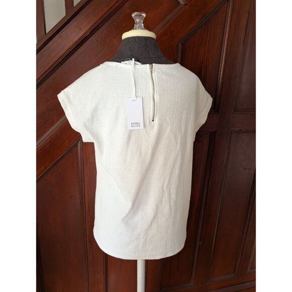 Rose + Olive Womens Textured Short Sleeve White Top Size M With Back Zip Closure - Picture 3 of 7